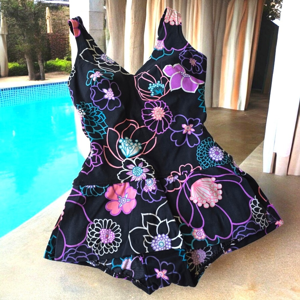 Women's Vintage Roxanne‎ Swimsuit 12 34C Cup Floral Nylon Spandex